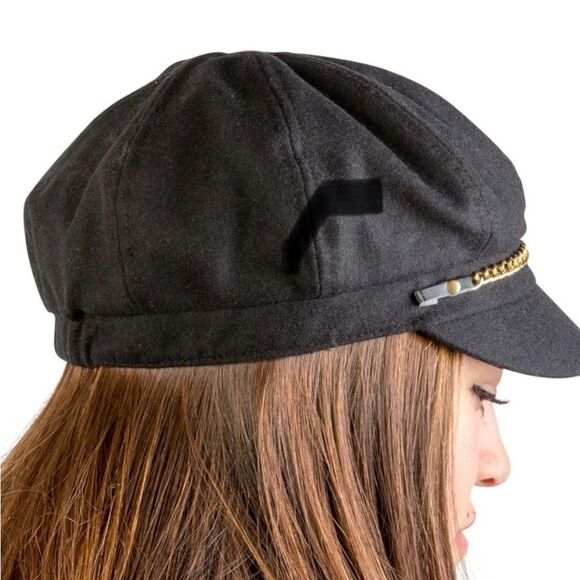 August Hat Co Women's Black Wool Lightweight Newsboy Cap with Chain Detail - Picture 10 of 10